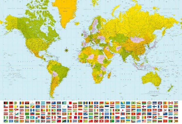 Giant world map with flags for the classroom