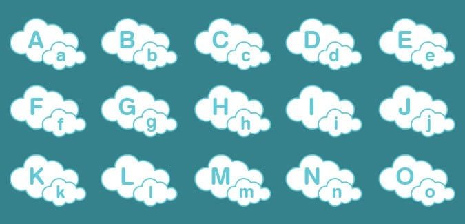 Uppercase and lowercase cloud alphabet