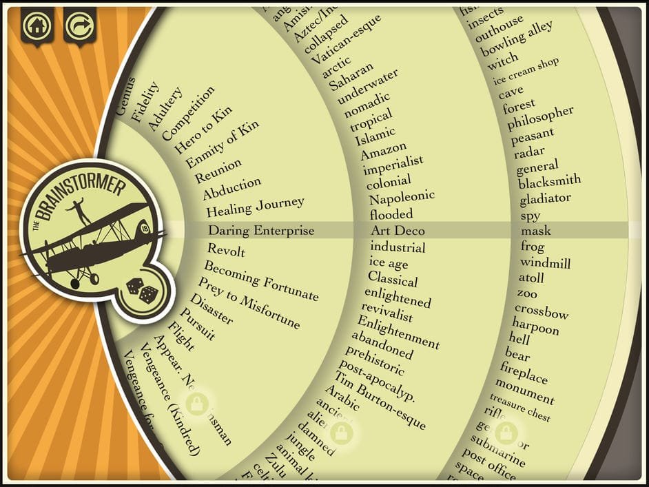 Brainstormer app randomly combines a plot, subject and setting