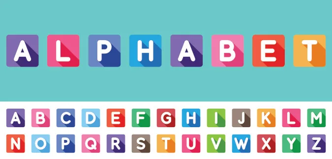 A colourful square alphabet with long shadows