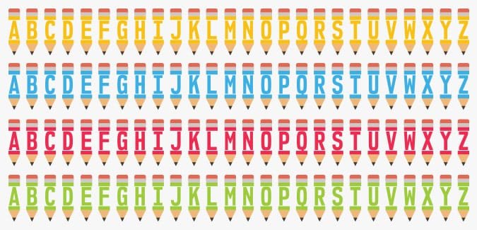 A set of colourful pencils displaying the alphabet