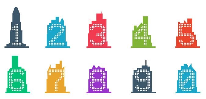 Numbers on colourful skyscraper buildings