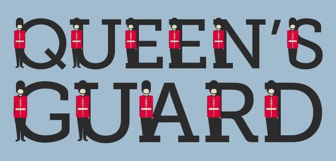 An alphabet displaying letters with accompanying soldiers from the Queen's Guard