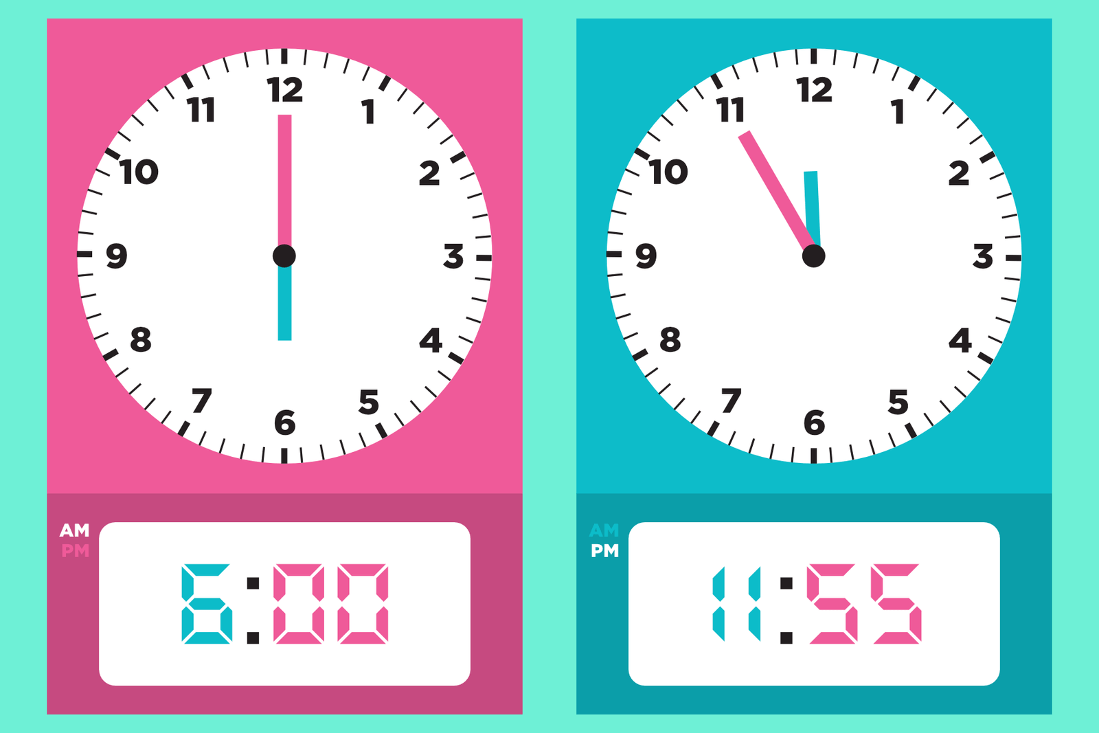 Two clock cards displaying the analogue and digital versions