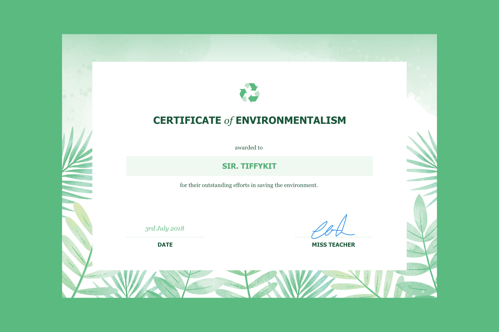 Certificate of Environmentalism (Editable)