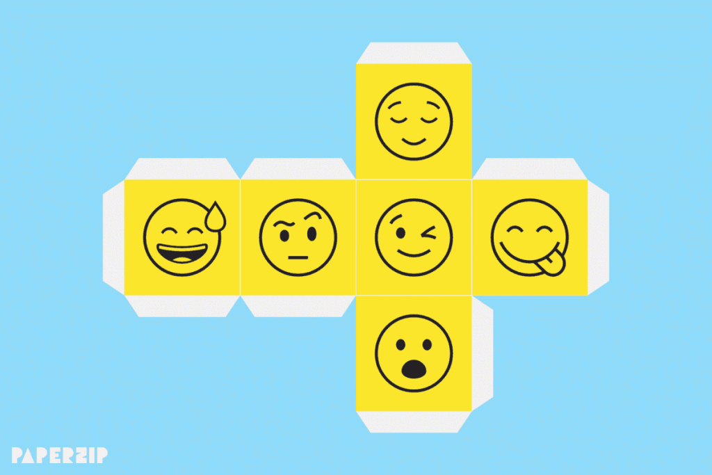A gif of printable emoji dice templates that rotate through various categories, such as faces, animals and food. The templates are yellow with a sky blue background.