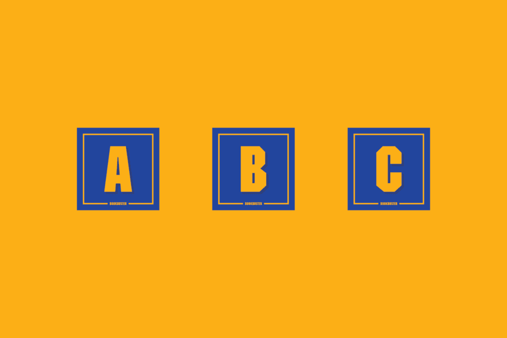 A set of letters from the Bookbuster reading system printable, in the style of Blockbuster Video.