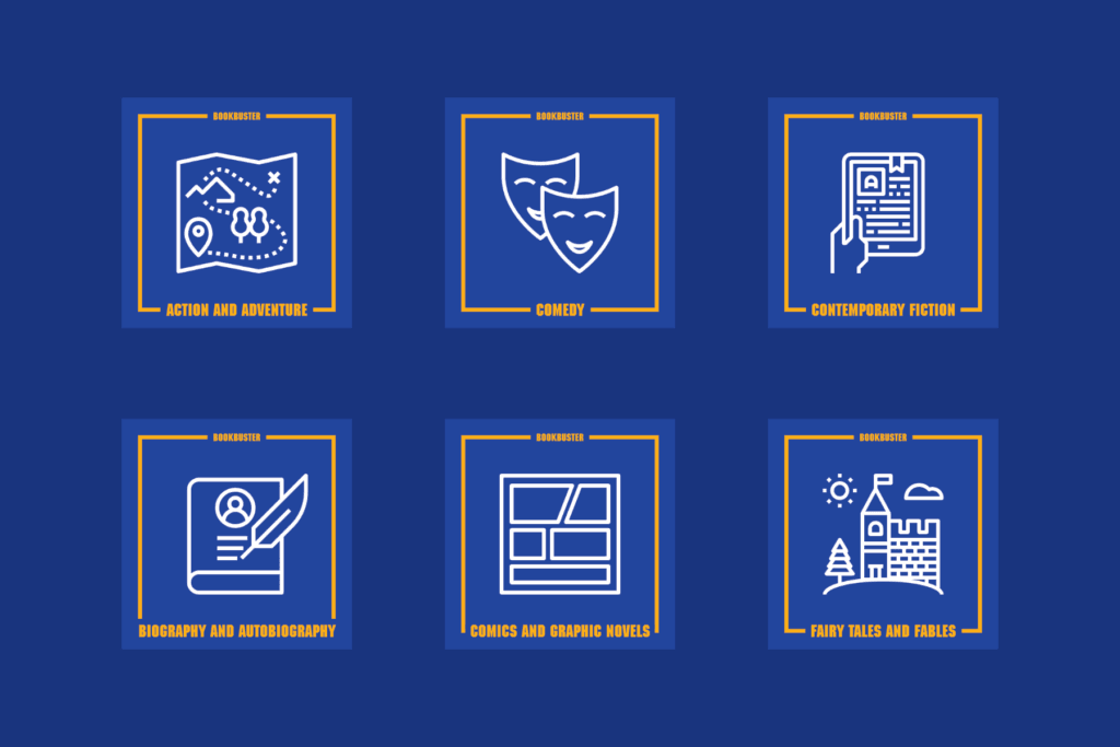 Reading genre icons from the printable resource pack Bookbuster; a reading system in the style of Blockbuster Video.