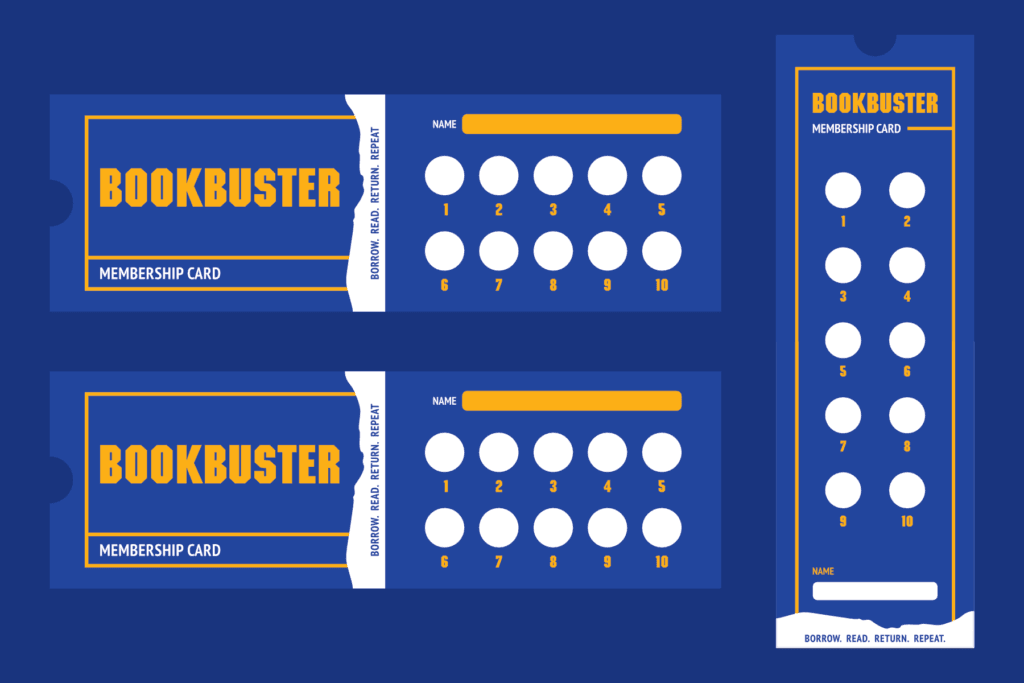 A set of membership cards for the free reading system Bookbuster, designed in the style of Blockbuster video.