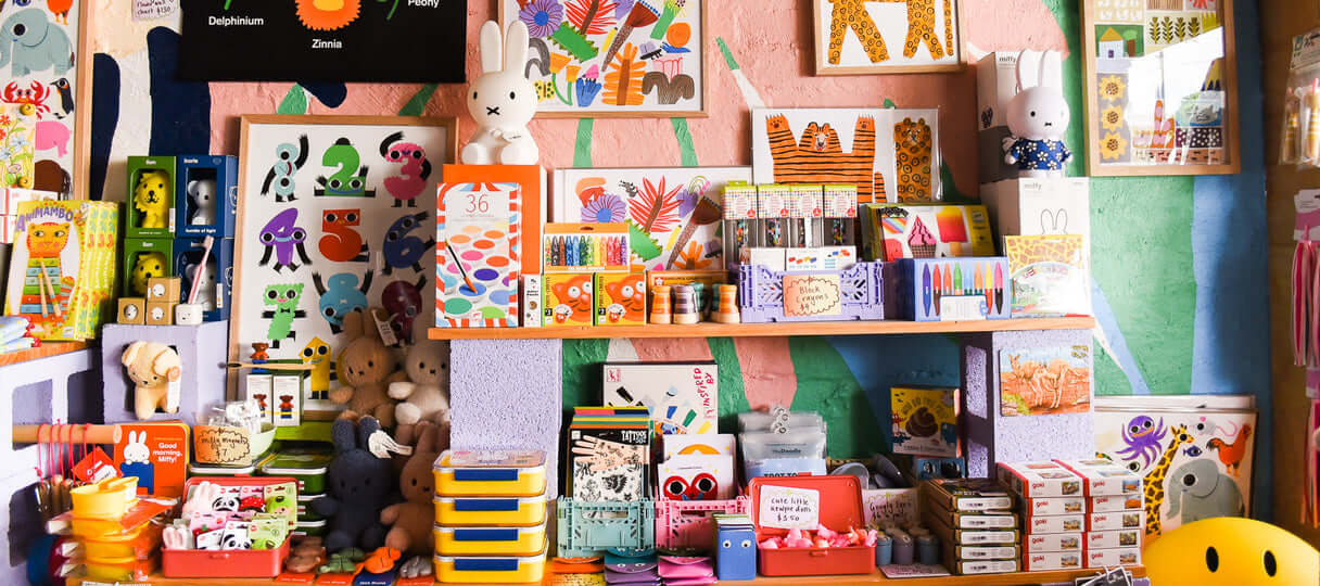 A selection of kids items at the Melbourne, Australia stationery store, Pinky's.