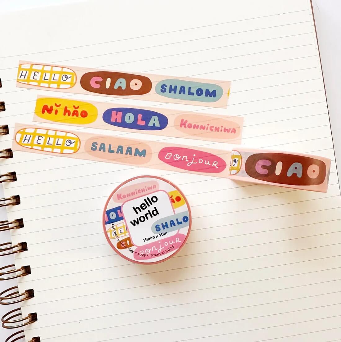 Washi tape with various words that mean hello, such as ciao and hola.