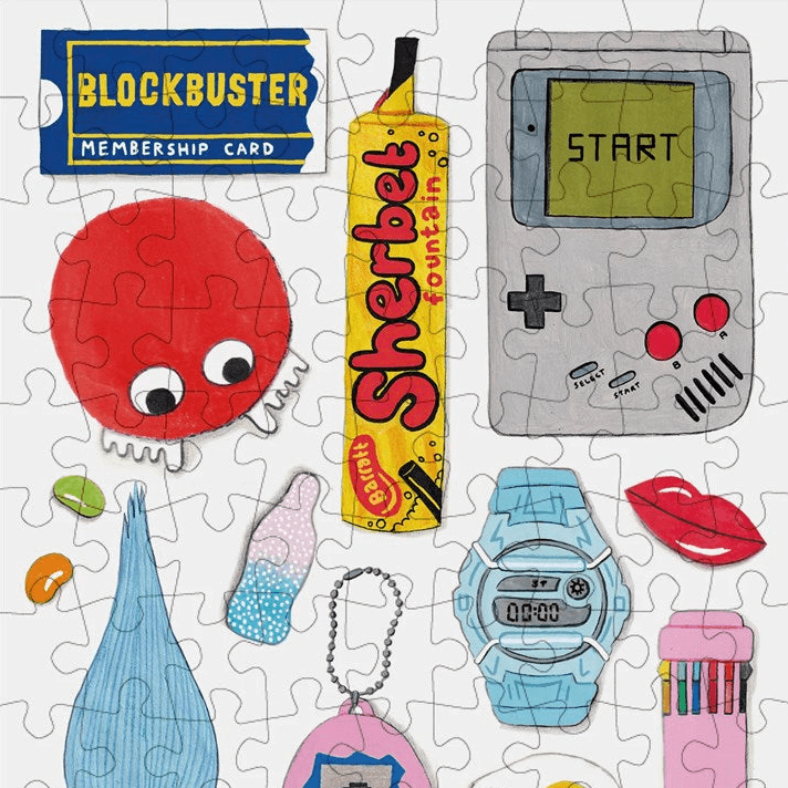 A jigsaw of fun 90s items such as a sherbet fountain and Game Boy.